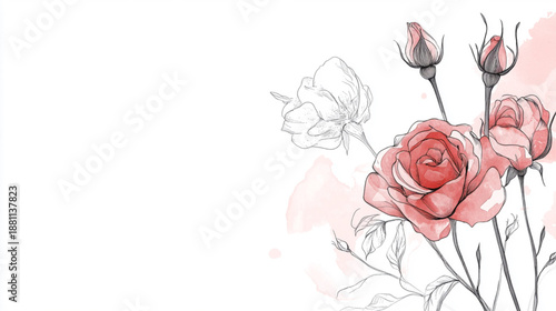 A minimalist elegant and delicate line art drawing of a rose bouquet. Select petals within the line art are filled with a transparent wash of crimson watercolor. Place for text.