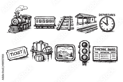 Black and white illustration featuring various vintage train and travel-related sketch icons on a clean, white backdrop, ideal for themed designs or retro travel concepts.