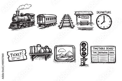 Black and white sketch illustration featuring train, station, timetable, travel and railway themes suitable for creative travel and transportation concepts.