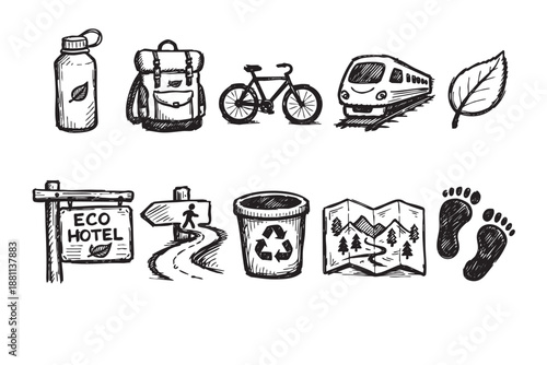 Hand drawn eco travel icons including backpack, bicycle, train, map and water bottle isolated on a white background illustrate sustainable tourism.