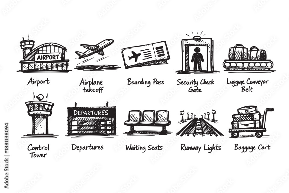 Naklejka premium Black and white sketch style illustration featuring various airport related icons, including a building, airplane, boarding pass, and luggage conveyor. Great for travel themes.