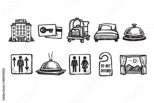 A collection of hand-drawn sketch-style hotel amenities like room service, luggage, bed, and bell on a clean white background. For hotel marketing and design projects.