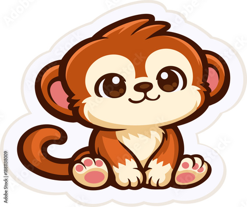 Cute cartoon monkey sitting calmly with a friendly and sweet expression. Flat vector illustration suitable for animal stickers