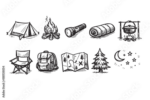 Hand drawn camping icons set isolated on white background, including tent, campfire, flashlight, sleeping bag, chair, backpack, map, tree, moon and stars.