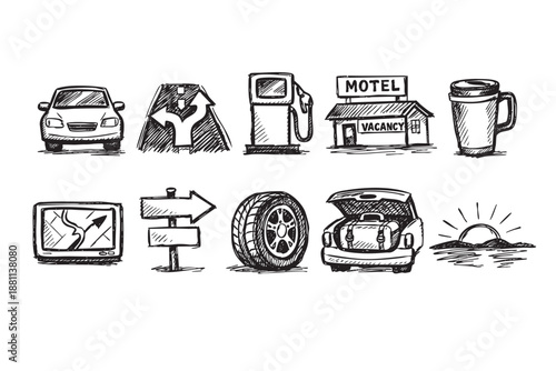 A hand-drawn illustration showcasing road trip icons like a car, map, motel, gas station, and suitcase, perfect for travel or vacation themed designs.