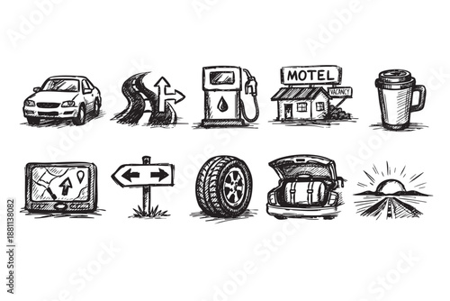 Road trip doodle icons show car, navigation, gas station, motel, and destinations for travel planning, vector sketched in black on white background.