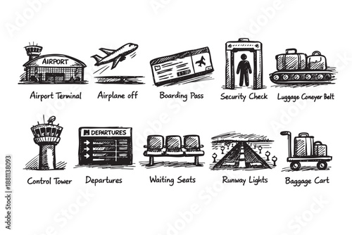 Hand-drawn style sketch featuring airport elements like terminal, airplane, boarding pass, security, luggage, tower, departures and waiting seats.