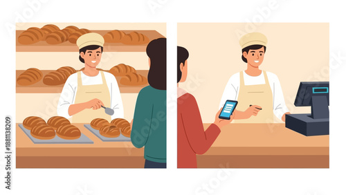 Bakery scenes: customer interaction and pastry display at a modern counter