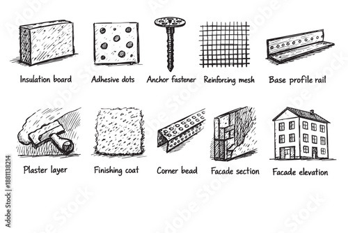 Hand-drawn illustration showcases the facade insulation system components, complete with construction details for various building elements, making it ideal for architectural designs.