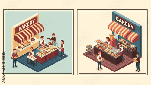 Isometric bakery scenes with customers and pastries in retro style