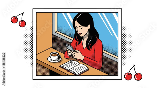 Woman enjoying coffee and reading on phone, pop art style in cafe setting