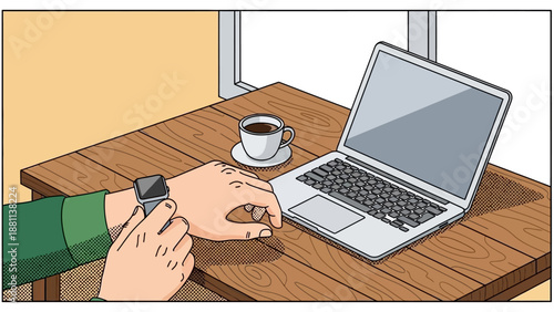 Isometric workspace scene with laptop and smartwatch on a wooden desk