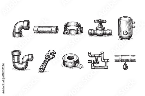 Hand-drawn plumbing elements on a white background show pipe fittings, valves, tools, and a water heater, useful for illustrations or design projects.