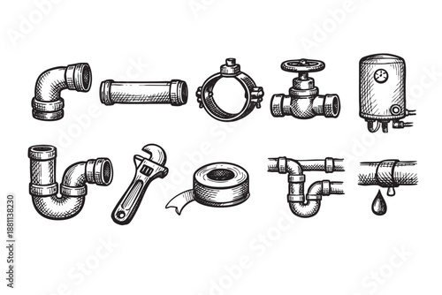 Hand-drawn plumbing fixtures sketch showcases pipes, valve, water heater, wrench, and tape on a white background, ideal for technical illustration or DIY projects.
