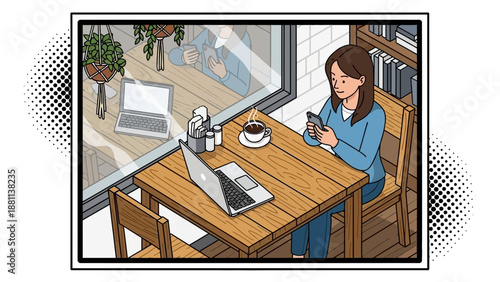 Casual workday in a modern cafe with coffee and laptop