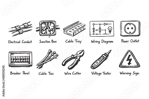 A collection of hand-drawn electrical tools and components like wire cutters, junction box, and power outlets in black and white, suitable for diagrams.