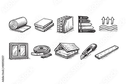Black and white hand-drawn sketch of various home insulation elements on a white background, perfect for illustrations, designs, or presentations related to construction and energy efficiency.