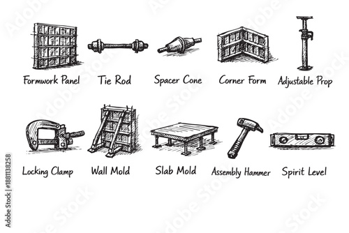 Hand-drawn sketches of concrete formwork equipment: formwork panel, tie rod, spacer cone, corner form, prop, clamp, wall mold, slab mold, hammer, level.