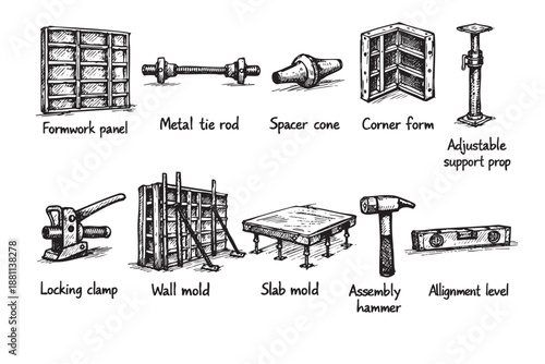 A sketch shows various construction formwork components and tools, like metal tie rods, panels, and a hammer, all in black and white with labeled parts.
