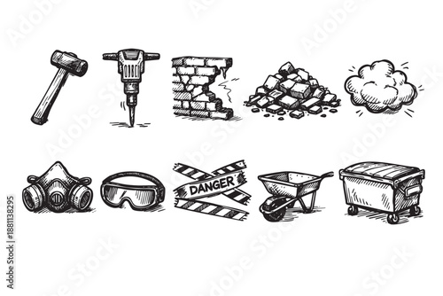 Hand-drawn style sketch of construction equipment including jackhammer, hammer, dust mask and wheelbarrow on white, useful for illustration or graphic design.
