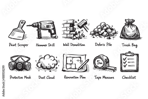 Hand-drawn renovation sketch icons featuring demolition, construction, planning, and safety tools on a clean white background, ideal for illustrating DIY projects.