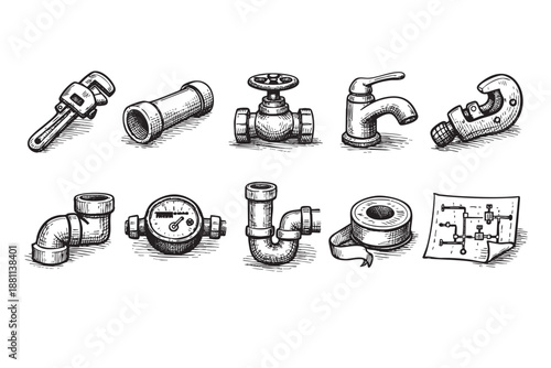 Hand-drawn sketch of various plumbing tools arranged on a white background, perfect for illustrations, diagrams, or thematic compositions related to home improvement and maintenance.