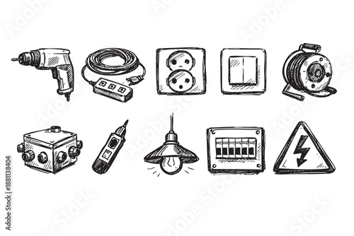 Hand-drawn style illustration featuring electrical tools, outlets, and supplies on a plain white backdrop; perfect for DIY guides, educational materials or electrical service advertising.
