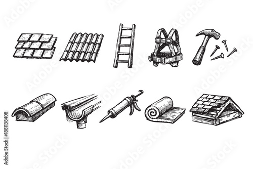 Hand-drawn illustration showing various roofing tools and materials. Ideal for depicting home repair, construction, or do-it-yourself projects.