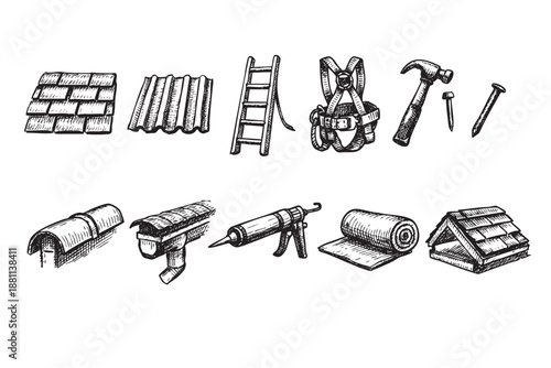 Black and white sketch illustration of roofing tools. Including tiles, safety harness, hammer and other equipments. Hand drawn style.