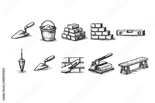 Black and white sketches of masonry tools and materials including bricks, trowels, level, plum bob, and a bench, isolated on a white background.