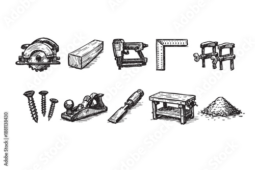 This hand-drawn illustration features various woodworking tools, including a saw, clamps, plane, chisel, and more, all in a detailed black and white sketch style.