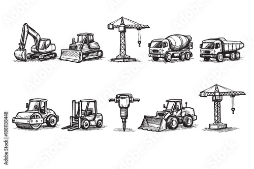 Black and white sketch illustration of various construction vehicles including crane, excavator, and mixer, ideal for infrastructure or development design projects.