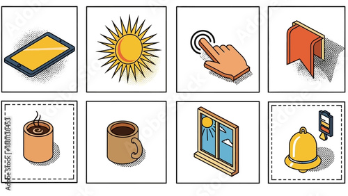 Colorful isometric icons: tablet, sun, touch gesture, bookmark, coffee, window, bell