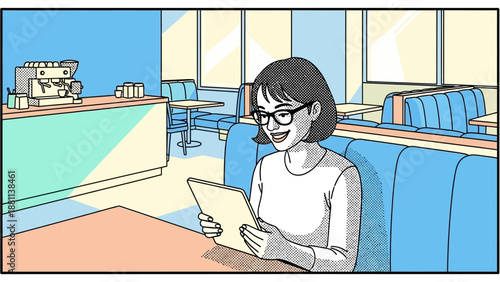 Woman relaxing in retro diner reading a tablet in pop art style