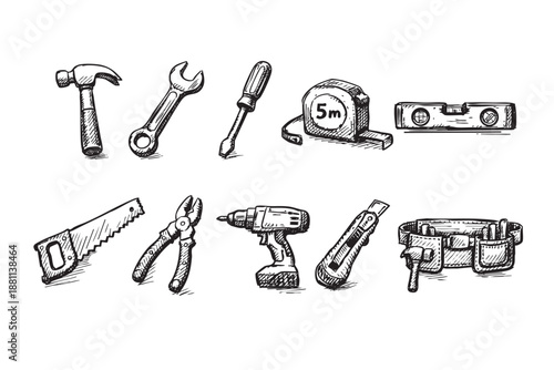Hand drawn illustration of various hand tools, like hammer, screwdriver, wrench, drill, and level, isolated on a white background, in a sketch style.