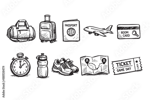Hand-drawn doodle sketch on white depicts travel gear, including luggage, passport, plane, and sports items like water bottle and ticket, ideal for travel planning.