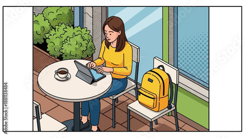 Woman using tablet at outdoor cafe: modern work and relaxation in urban setting