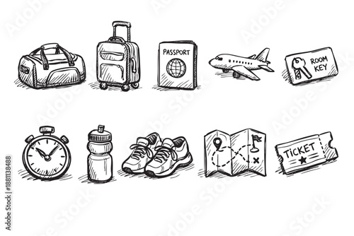 Hand-drawn travel icons isolated, featuring a suitcase, passport, airplane, tickets and map in a sketch style. For travel, vacation, adventure, and journey concepts.