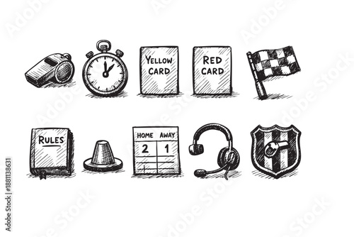 Hand-drawn illustration featuring referee equipment: whistle, cards, flag, and other soccer related objects, with a vintage and artistic style.