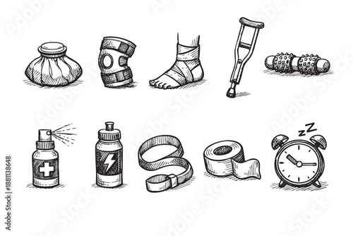 Hand drawn first aid kit elements in sketch style, including ice pack, bandage, crutch, spray, tape, energy drink and alarm clock.