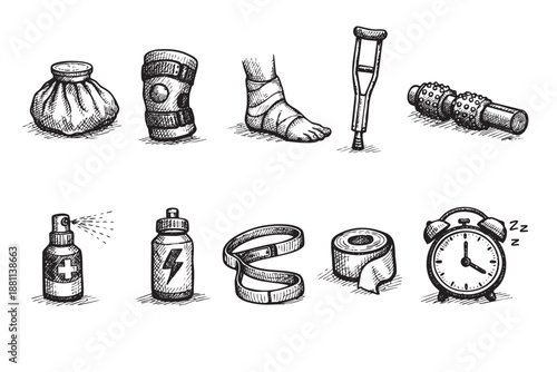 Hand-drawn illustration depicts various tools to aid injury recovery, including ice pack, crutch, bandage and roller, all rendered in black and white for versatile use.