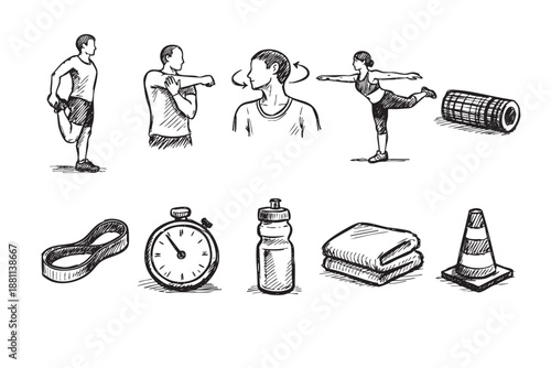 Black and white sketches showing stretching poses and fitness equipment like bottles and cones against a blank background. Great for fitness and exercise.