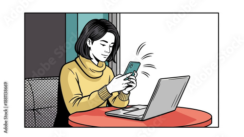 Young woman using smartphone and laptop in modern comic style art