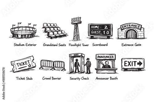 Hand-drawn sketch of stadium elements including entrance, scoreboard, security, seating and ticket on a white background, creating a rough and unfinished design element.