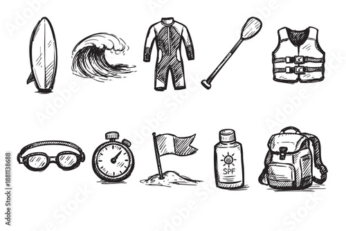 Collection of hand-drawn summer beach vacation and watersport equipment in a doodle sketch style, isolated on a clean white background.
