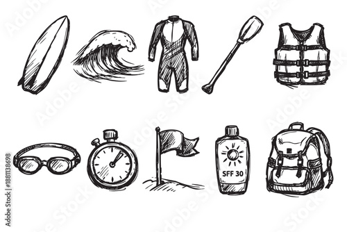 Hand drawn illustration of beach gear including surfboard, wetsuit, sunglasses, sunscreen, and backpack on a white background. For summer vacation or activities design.