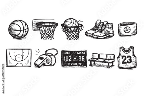 Black and white vector sketches showcase basketball equipment, including a basketball, hoop, court, jersey, and score board, perfect for sports designs.