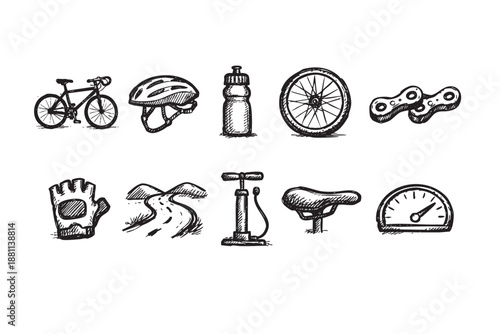 Black and white sketch of bicycle parts including bicycle, helmet, water bottle, wheel, chain, glove, road, pump, seat, speedometer, cycling concept.