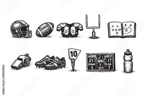 Black and white sketch illustration of American football equipment, including helmet, ball, pads, goalpost, playbook, whistle, cleats, yard marker, scoreboard, and water bottle on a white background.