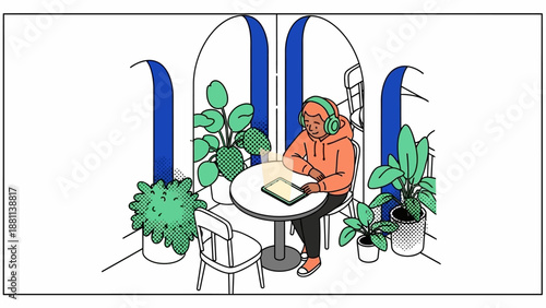 Cozy cafe vibes with plants and headphones